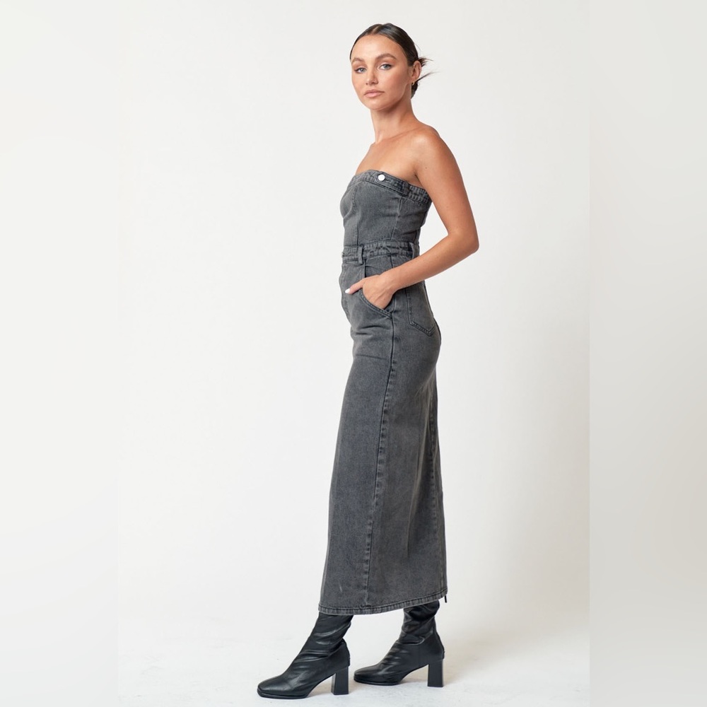 NWT!! Vintage Black Tube Denim Detailed Front Slit Midi Dress🤠 - Picture 5 of 12